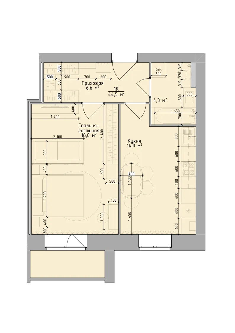Планировка: 1-комнатная квартира 44,5 м², ЖК «Невский на Депутатской»