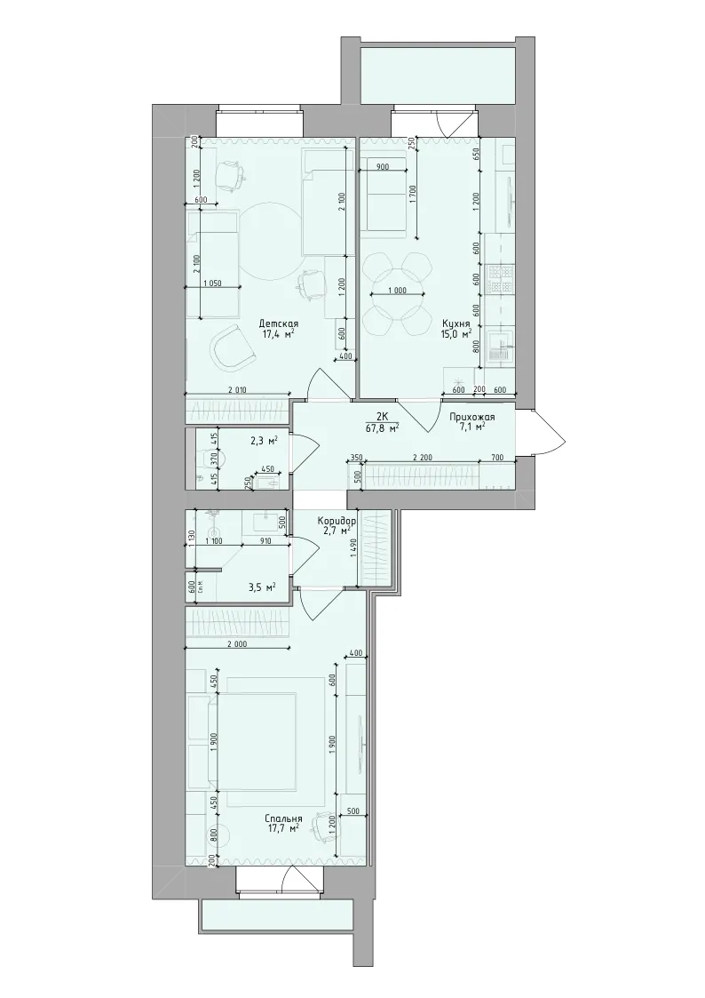 Планировка: 2-комнатная квартира 67,8 м², ЖК «Невский на Депутатской»