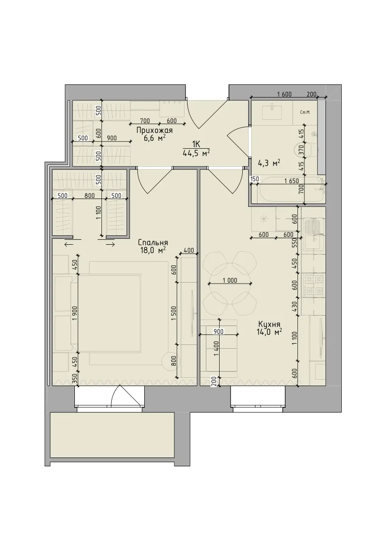 Планировка: 1-комнатная квартира 44,5 м², ЖК «Невский на Депутатской»
