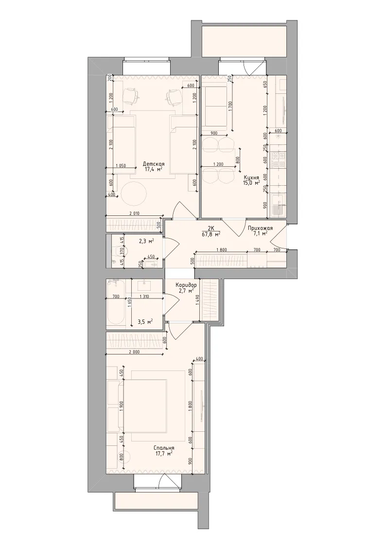 Планировка: 2-комнатная квартира 67,8 м², ЖК «Невский на Депутатской»