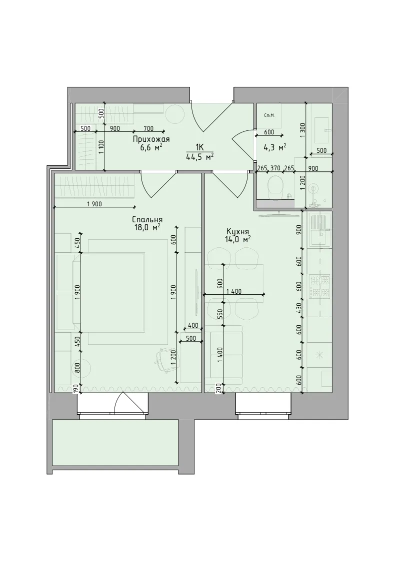 Планировка: 1-комнатная квартира 44,5 м², ЖК «Невский на Депутатской»