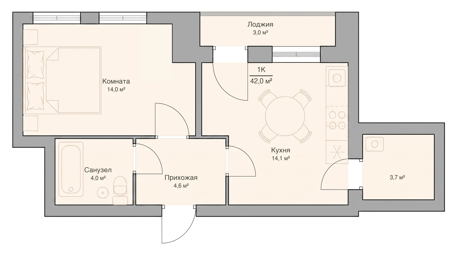 Планировка однокомнатной квартиры 42,0 м², квартира №3 — ЖК «Невский на Ивановской» в Костроме