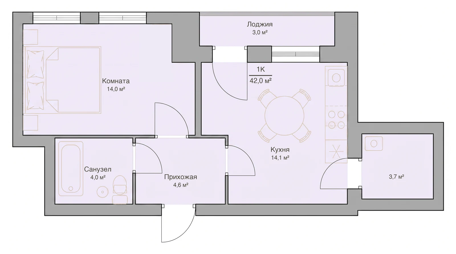 Планировка однокомнатной квартиры 42,0 м², квартира №9 — ЖК «Невский на Ивановской» в Костроме