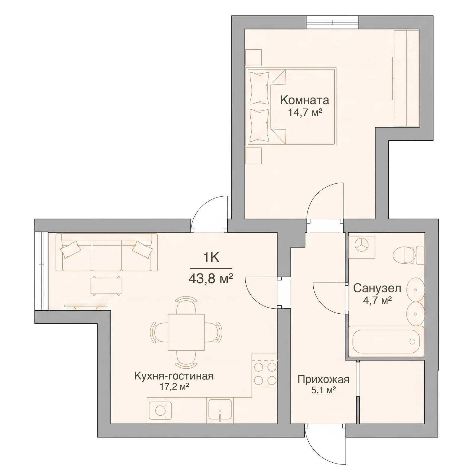 Планировка однокомнатной квартиры 43,8 м², квартира №14 — ЖК «Невский на Ивановской» в Костроме