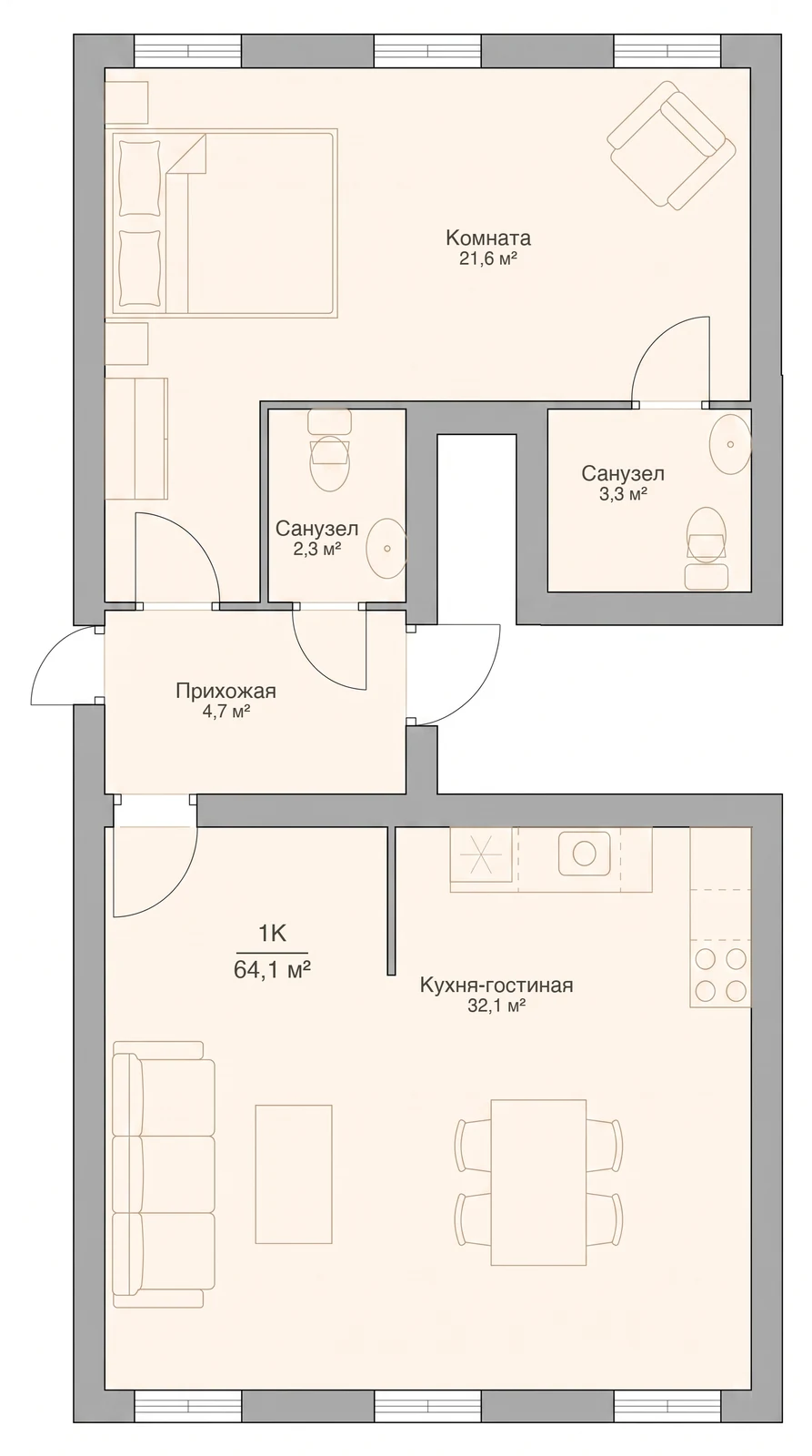 Планировка однокомнатной квартиры 64,1 м², квартира №13 — ЖК «Невский на Ивановской» в Костроме