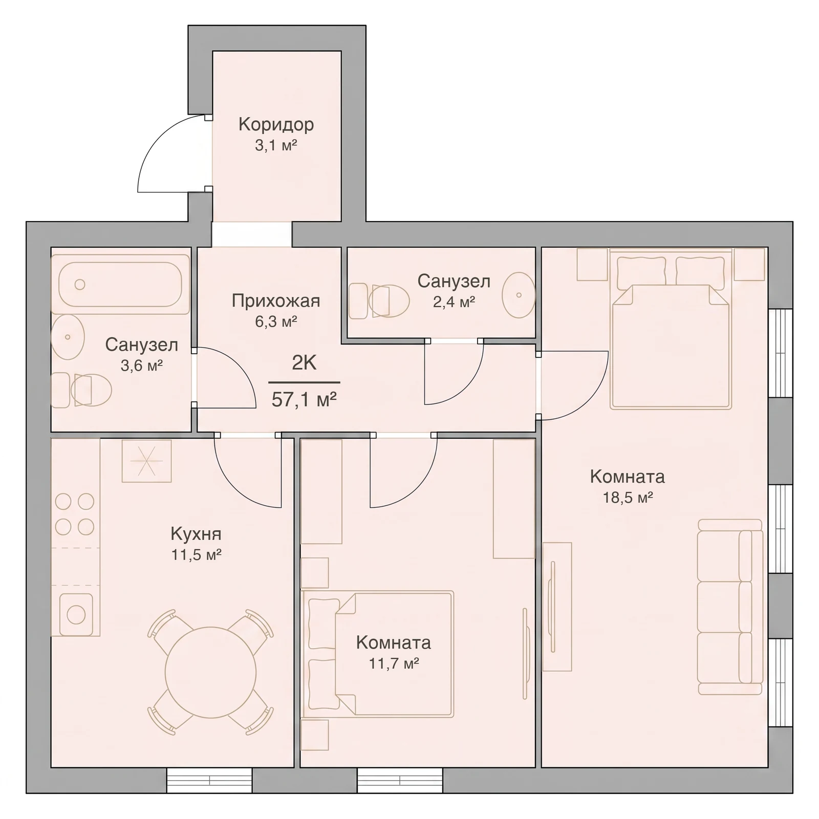 Планировка двухкомнатной квартиры 57,1 м², квартира №12 — ЖК «Невский на Ивановской» в Костроме