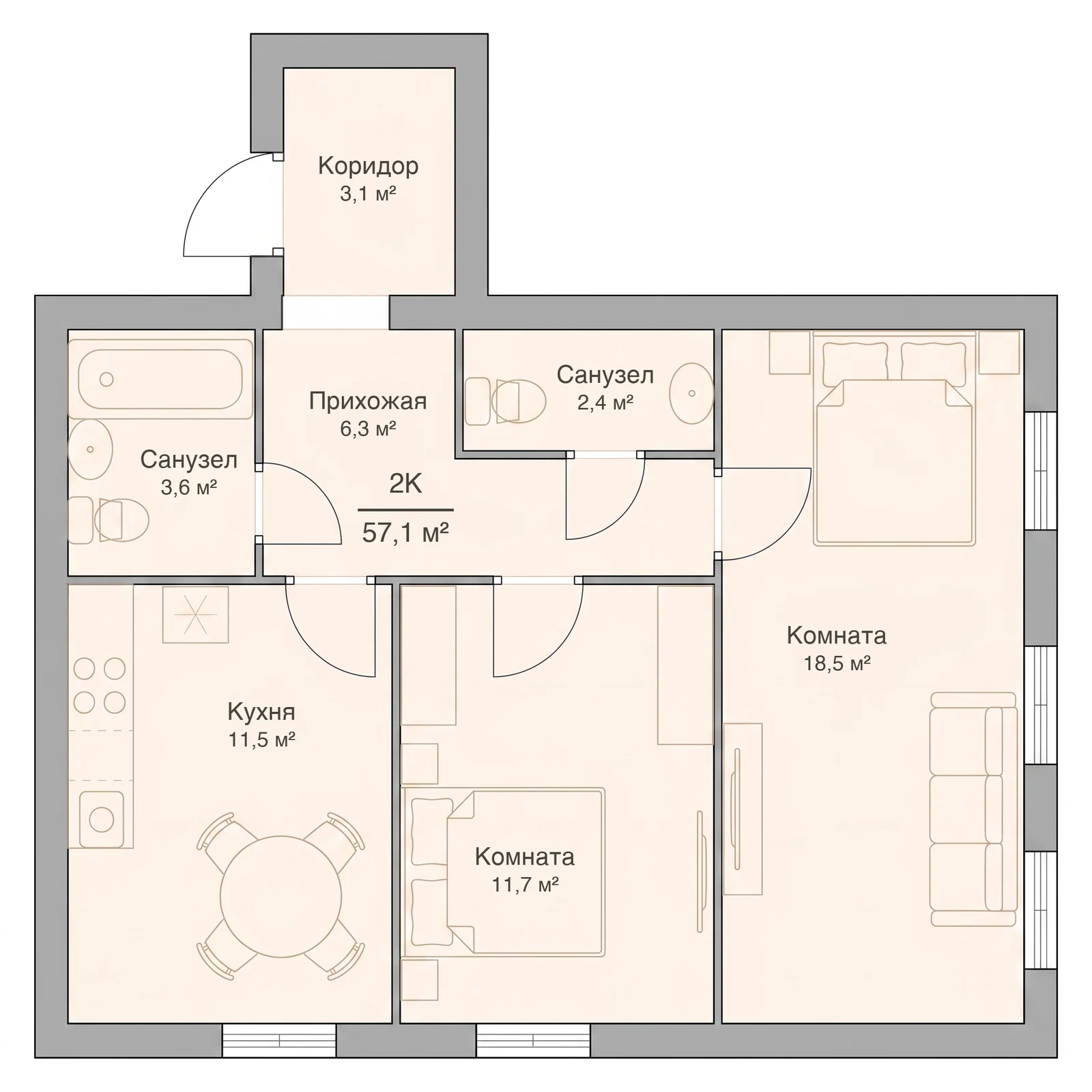 Планировка двухкомнатной квартиры 57,1 м², квартира №6 — ЖК «Невский на Ивановской» в Костроме