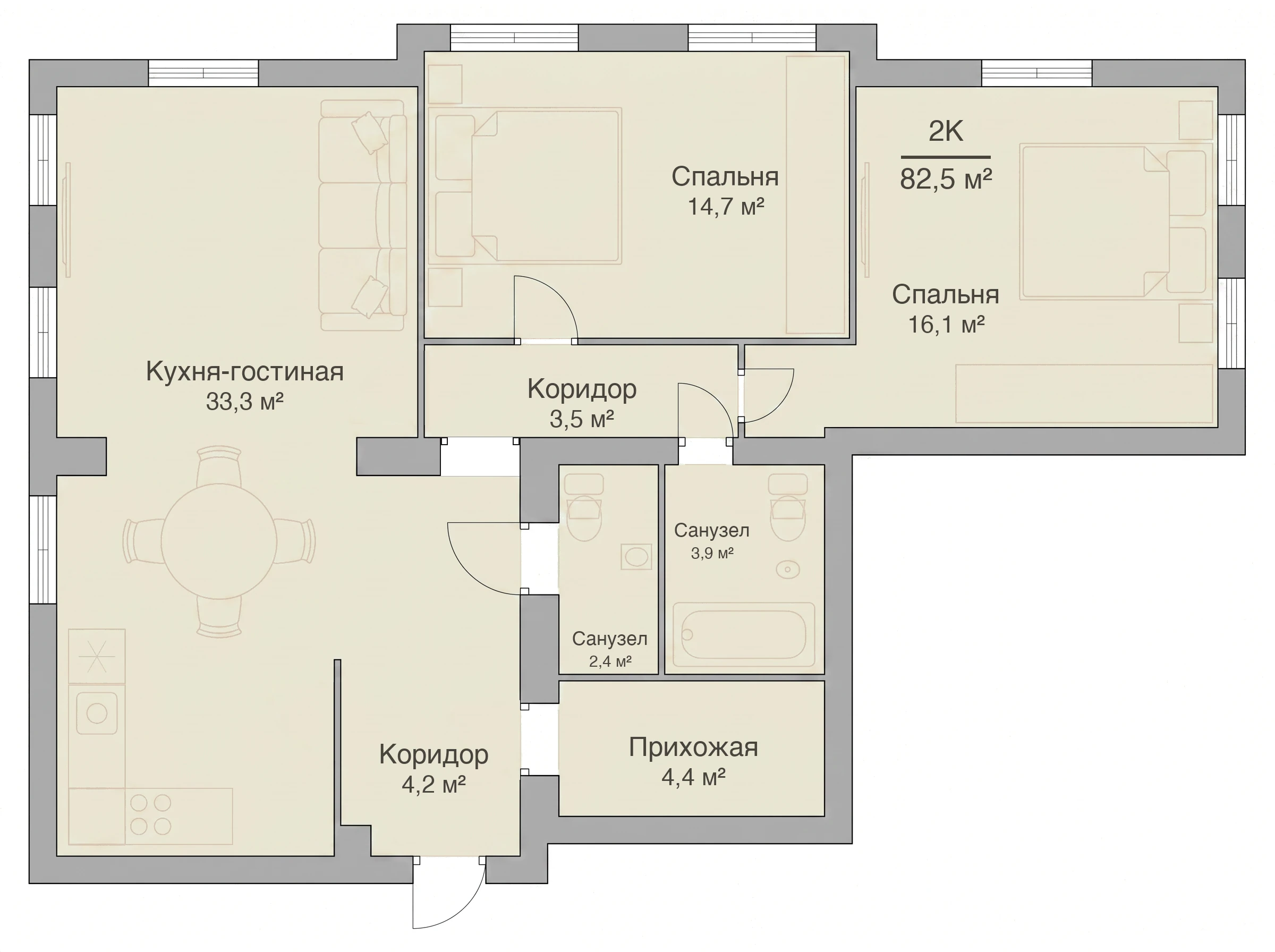 Планировка двухкомнатной квартиры 82,5 м², квартира №10 — ЖК «Невский на Ивановской» в Костроме