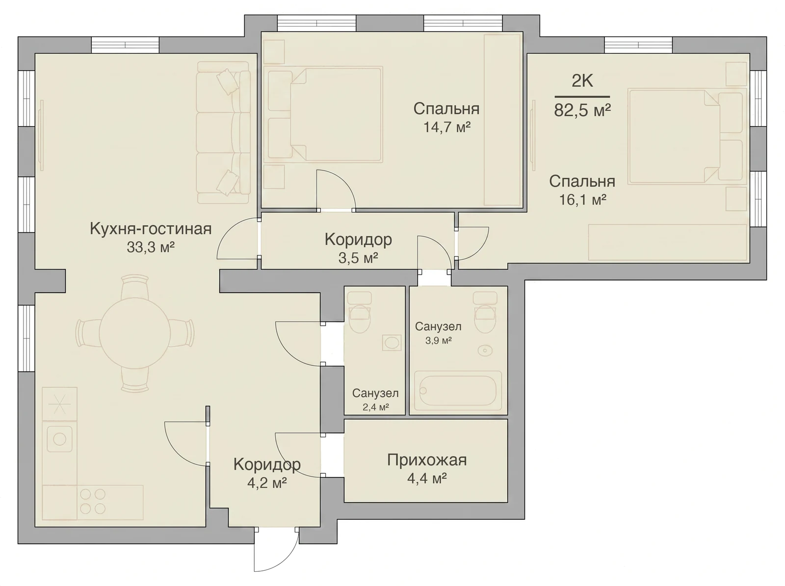 Планировка двухкомнатной квартиры 82,5 м², квартира №10 — ЖК «Невский на Ивановской» в Костроме