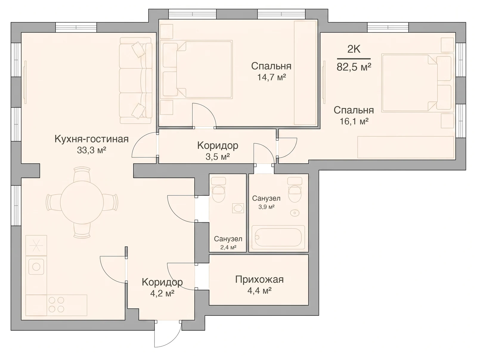 Планировка двухкомнатной квартиры 82,5 м², квартира №4 — ЖК «Невский на Ивановской» в Костроме