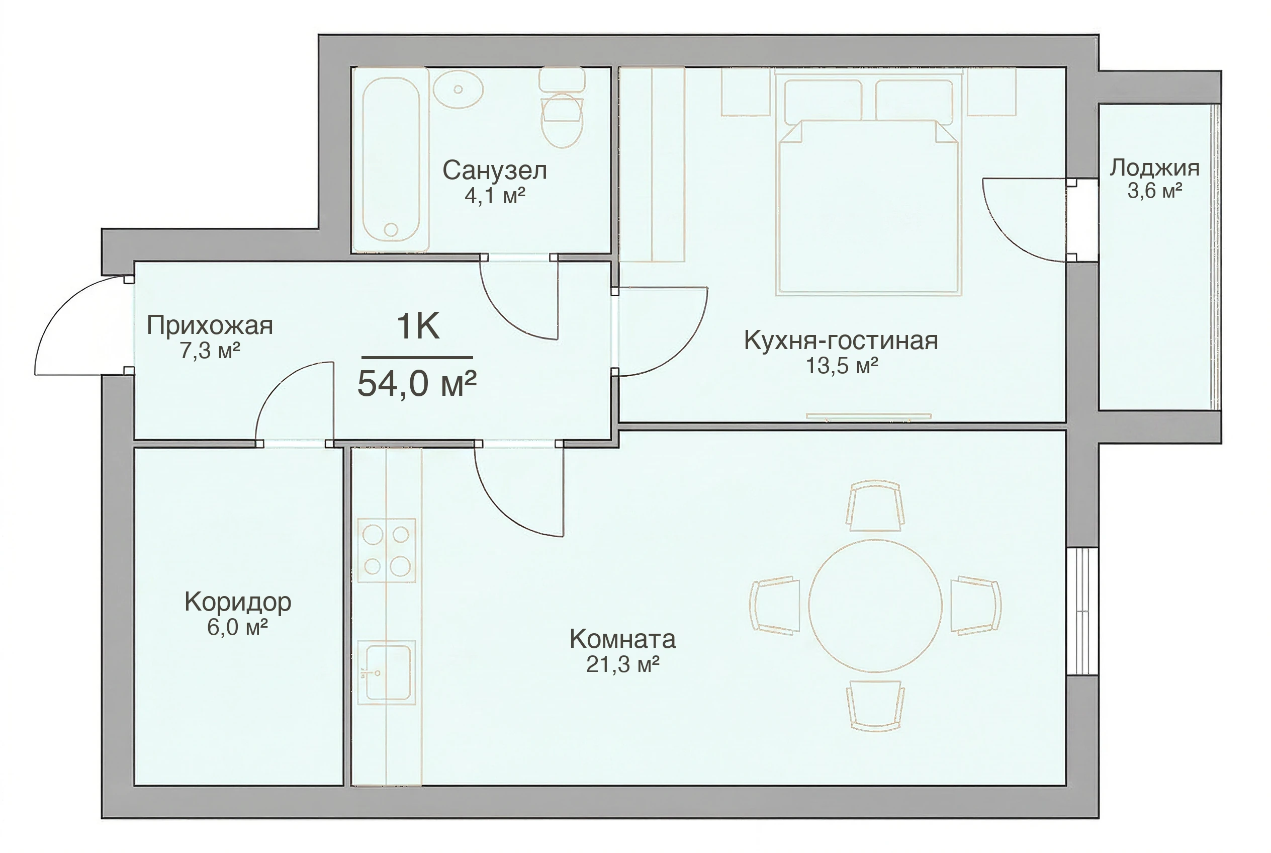 Планировка однокомнатной квартиры 54,0 м², квартира №2 в ЖК «Невский на Свердлова» в Костроме