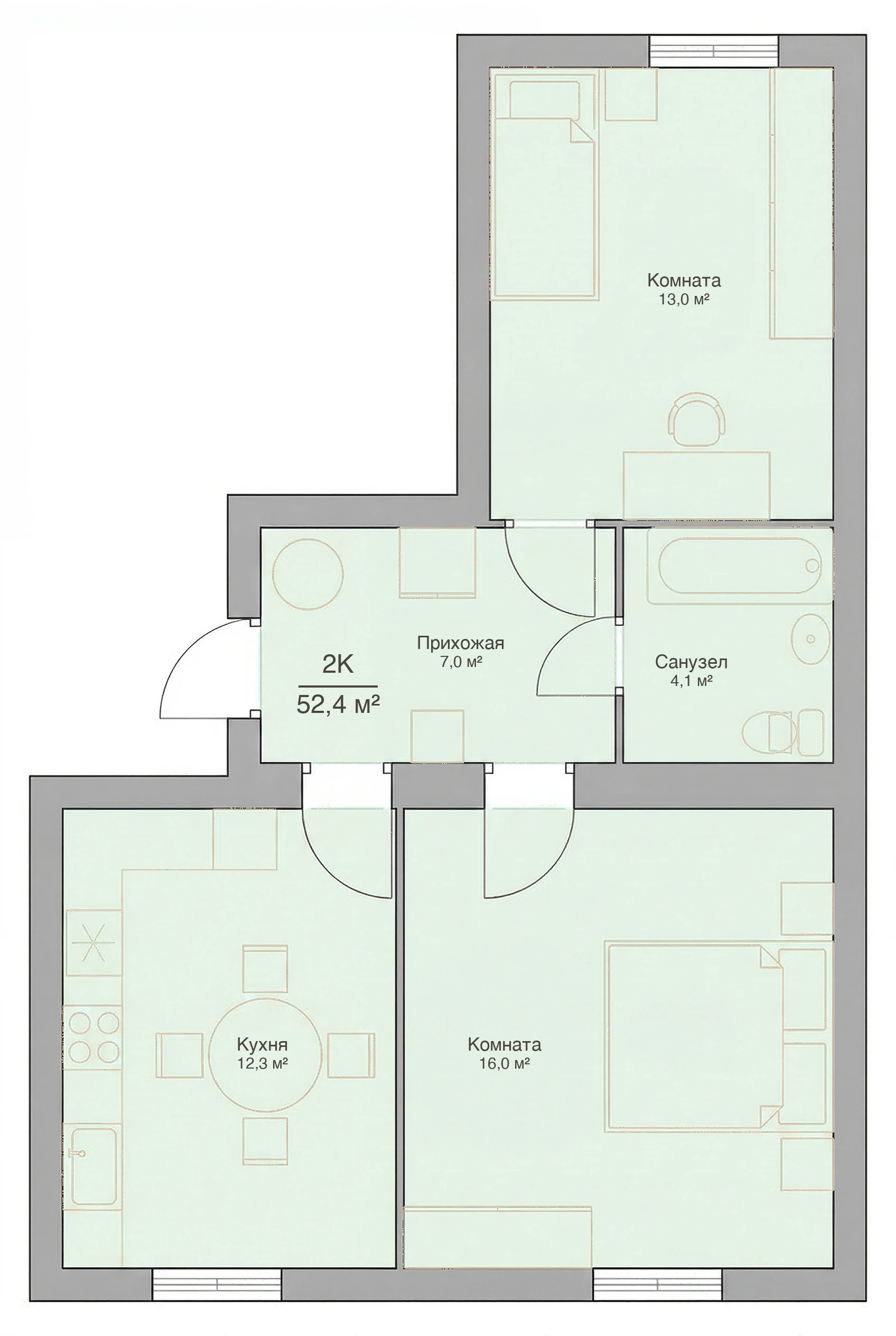 Планировка двухкомнатной квартиры 52,5 м², квартира №16 в ЖК «Невский на Свердлова» в Костроме