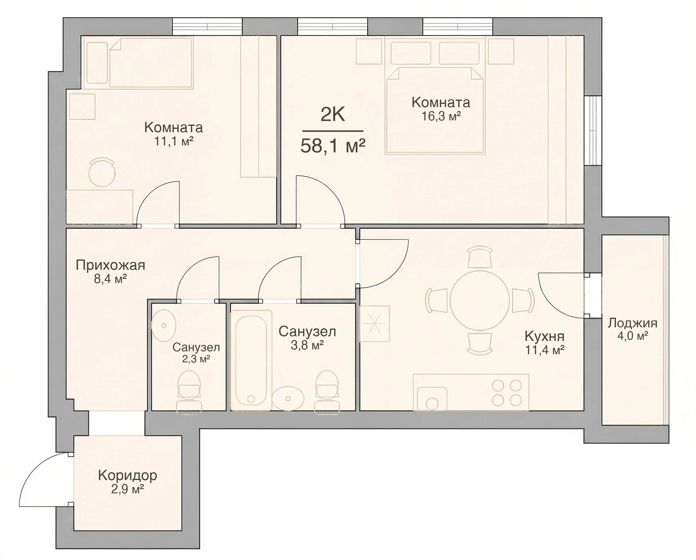 Планировка двухкомнатной квартиры 58,1 м², квартира №1 в ЖК «Невский на Свердлова» в Костроме