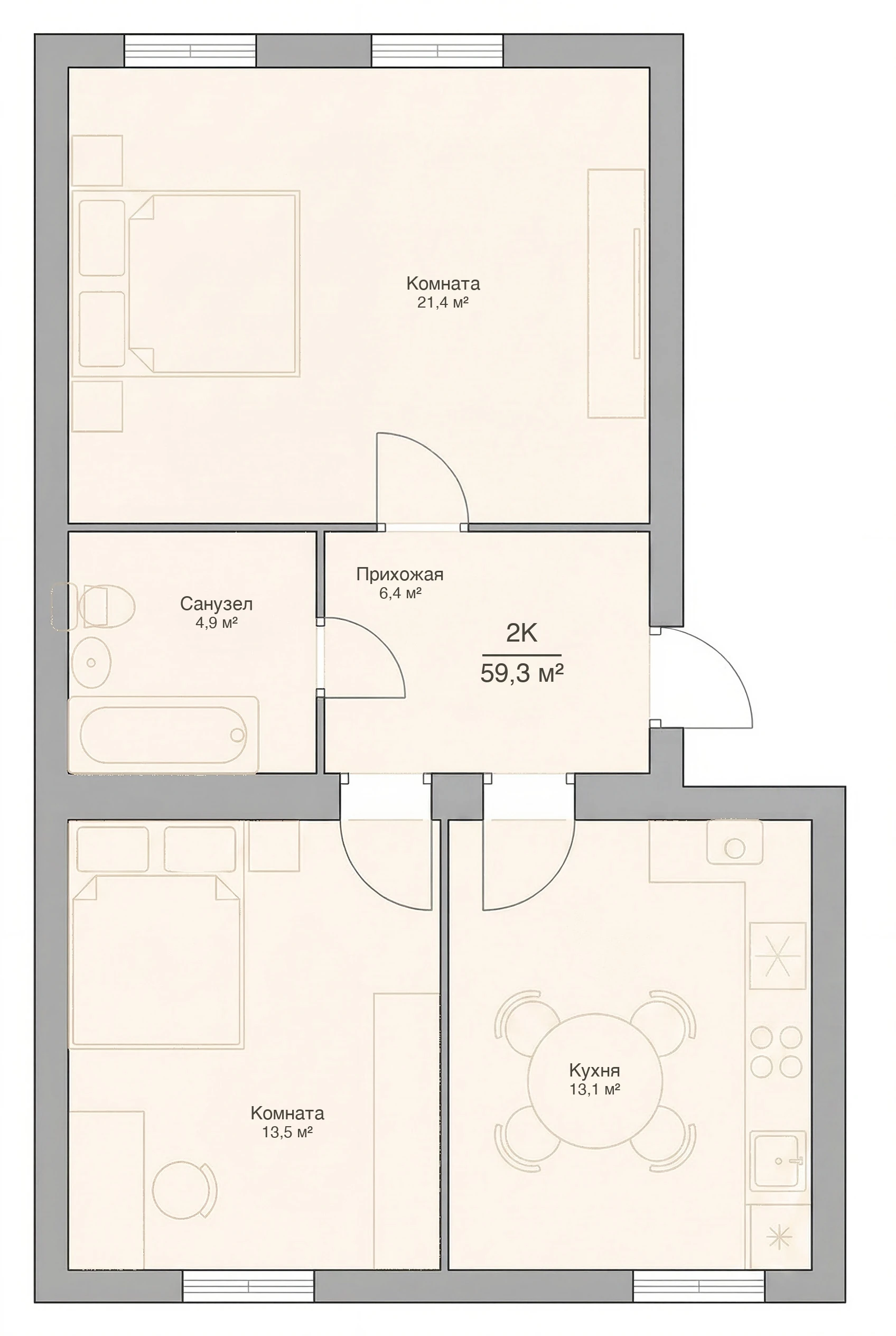 Планировка двухкомнатной квартиры 59,3 м², квартира №17 в ЖК «Невский на Свердлова» в Костроме