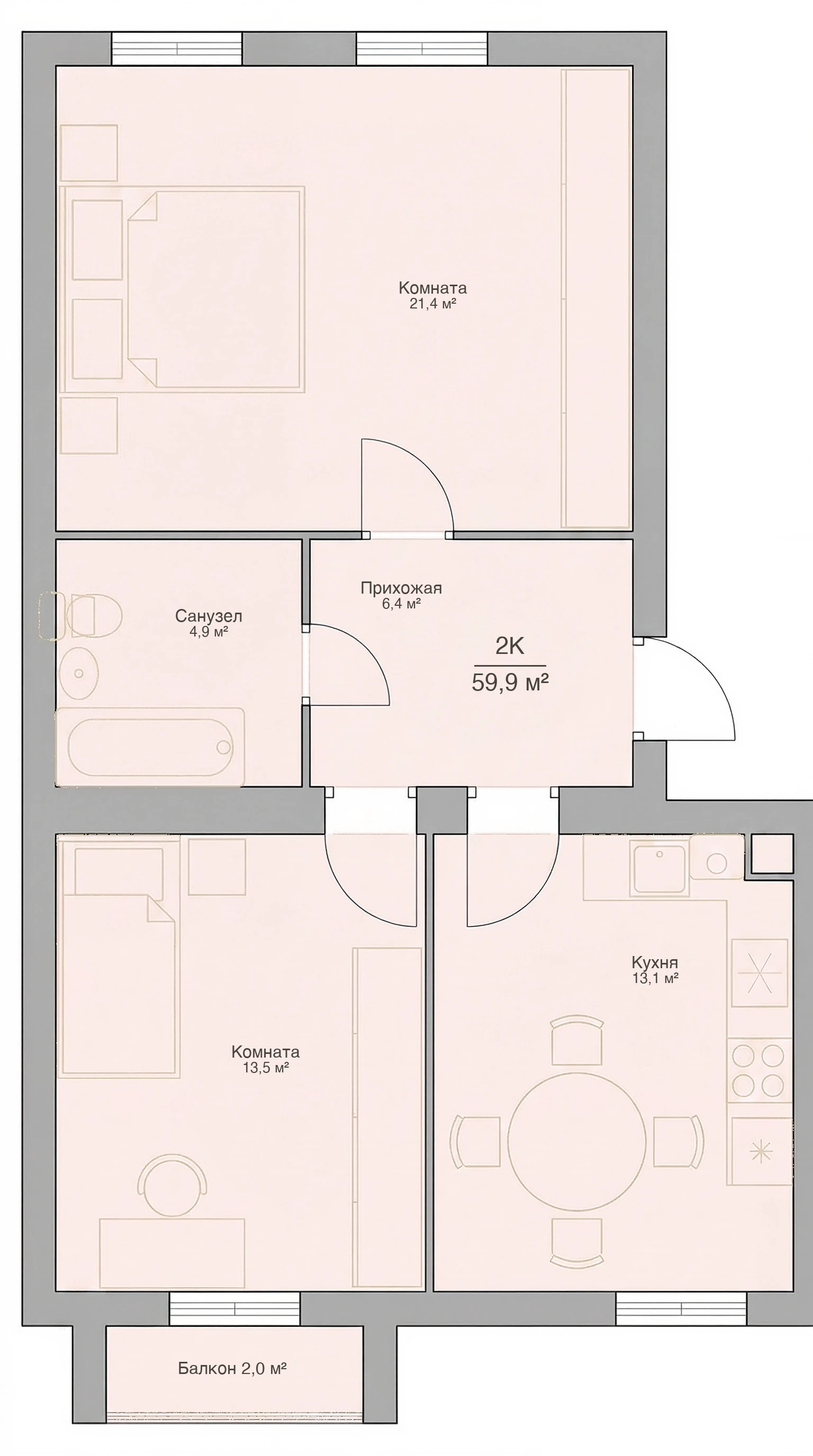 Планировка двухкомнатной квартиры 59,9 м², квартира №19 в ЖК «Невский на Свердлова» в Костроме