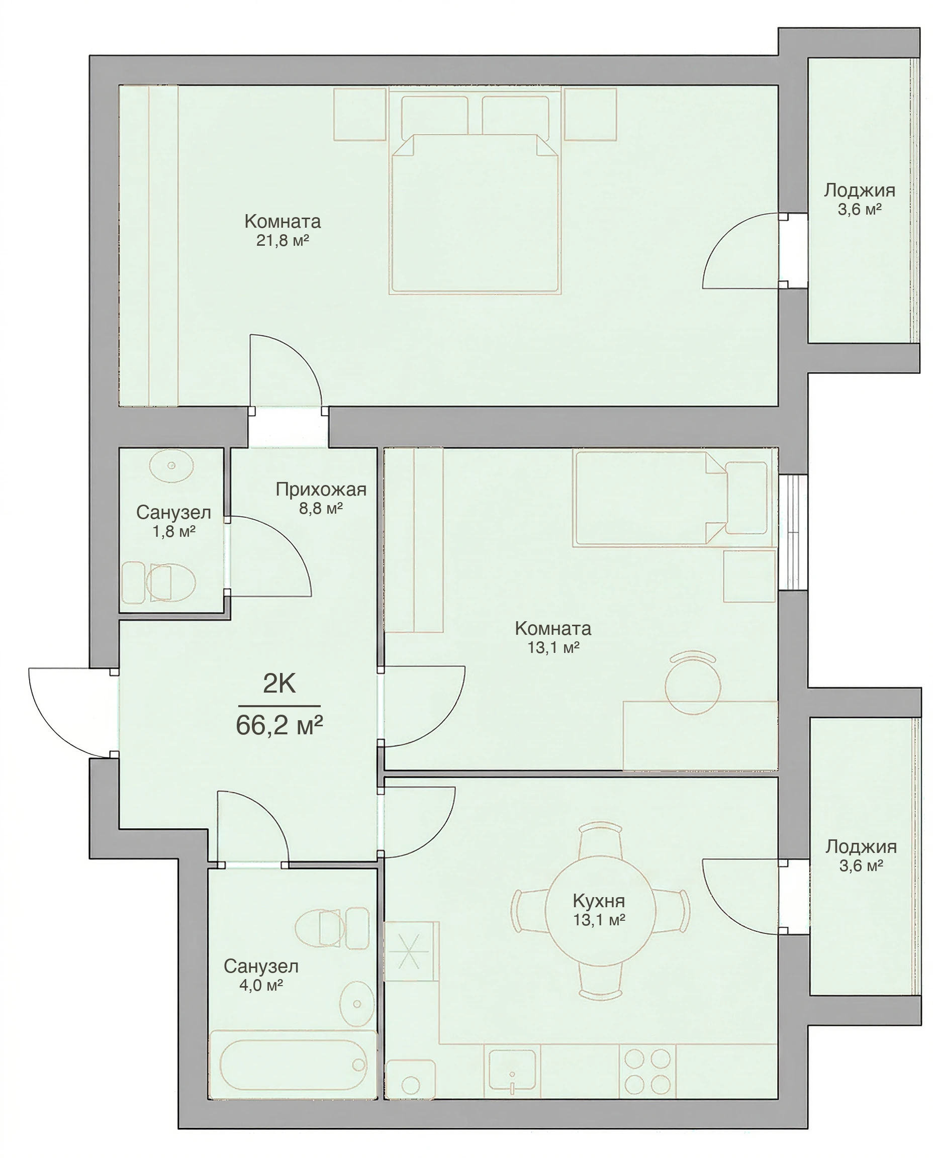 Планировка двухкомнатной квартиры 66,2 м², квартира №14 в ЖК «Невский на Свердлова» в Костроме
