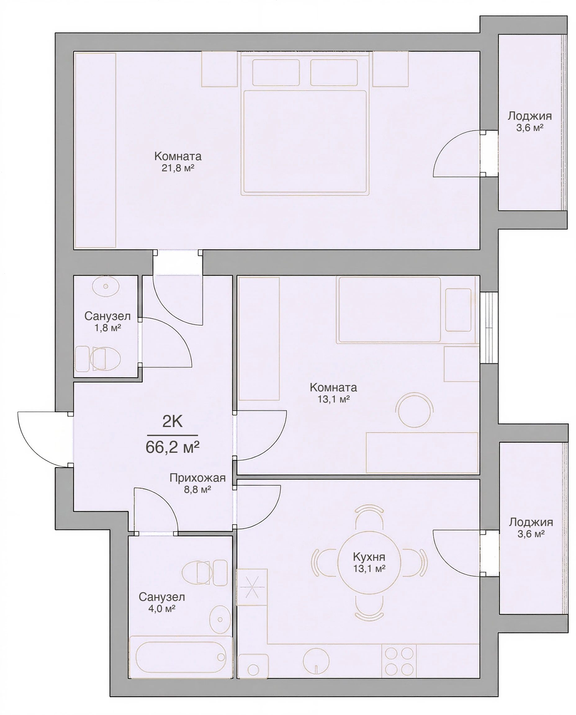 Планировка двухкомнатной квартиры 66,2 м², квартира №9 в ЖК «Невский на Свердлова» в Костроме