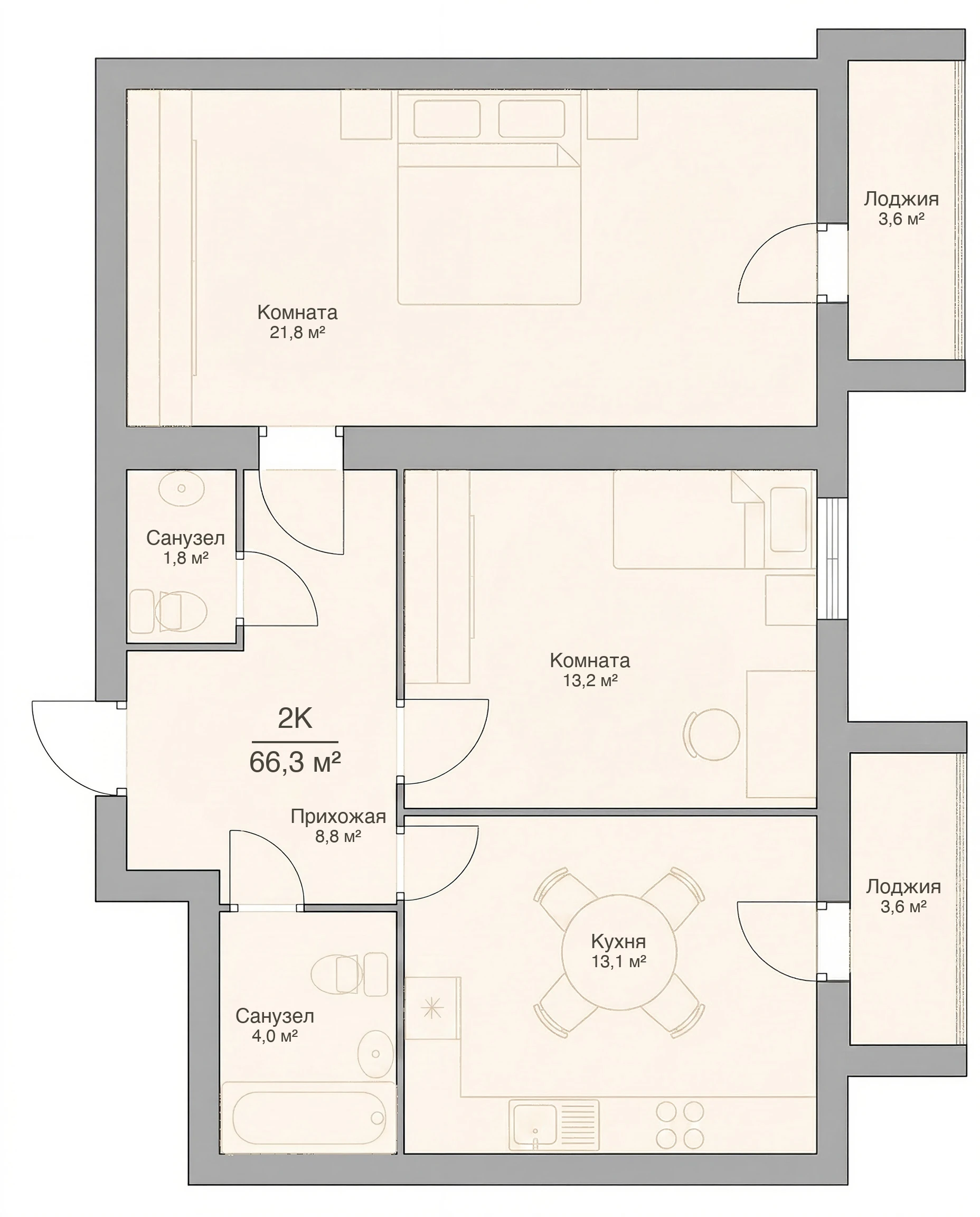 Планировка двухкомнатной квартиры 66,3 м², квартира №3 в ЖК «Невский на Свердлова» в Костроме