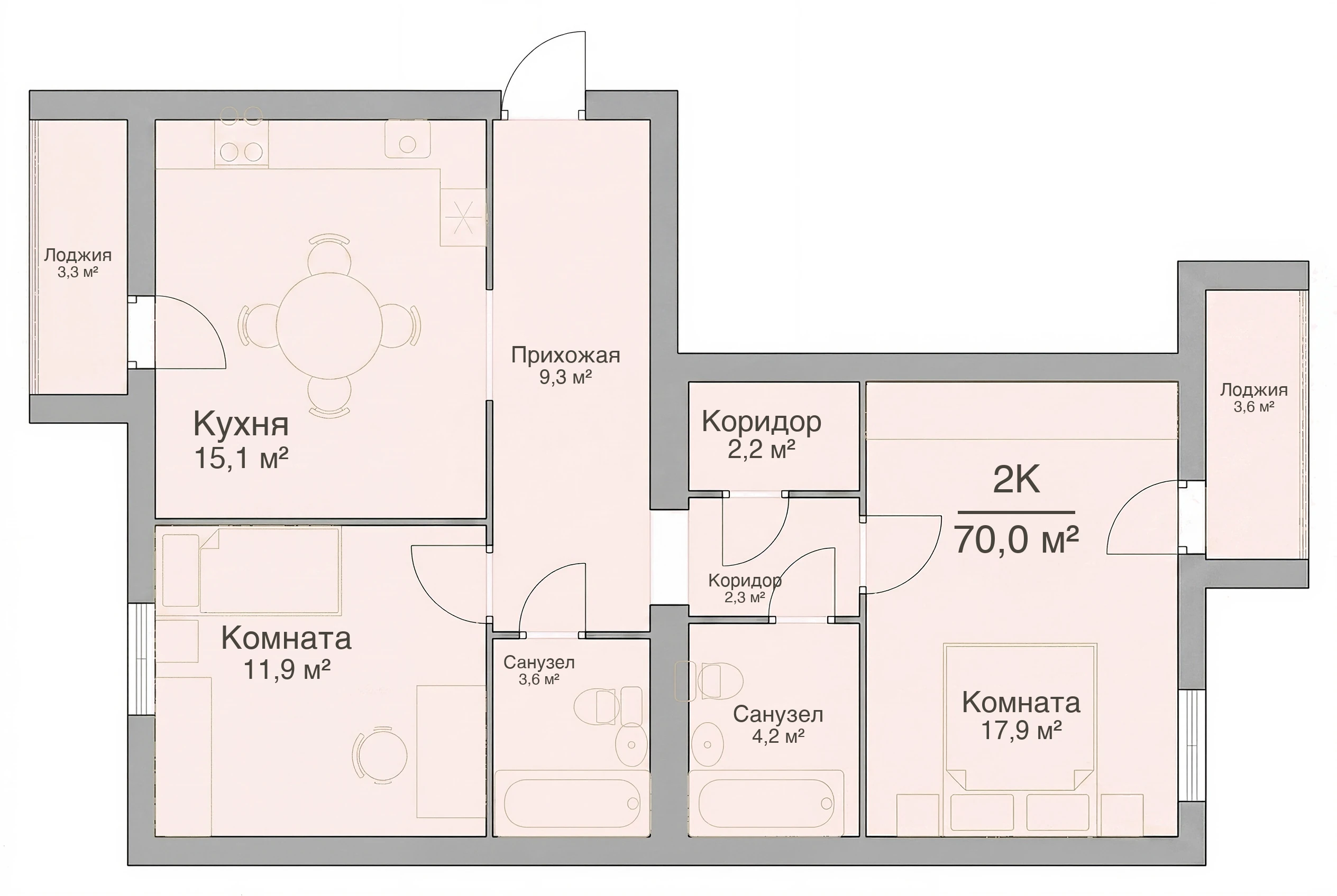 Планировка двухкомнатной квартиры 70,0 м², квартира №10 в ЖК «Невский на Свердлова» в Костроме