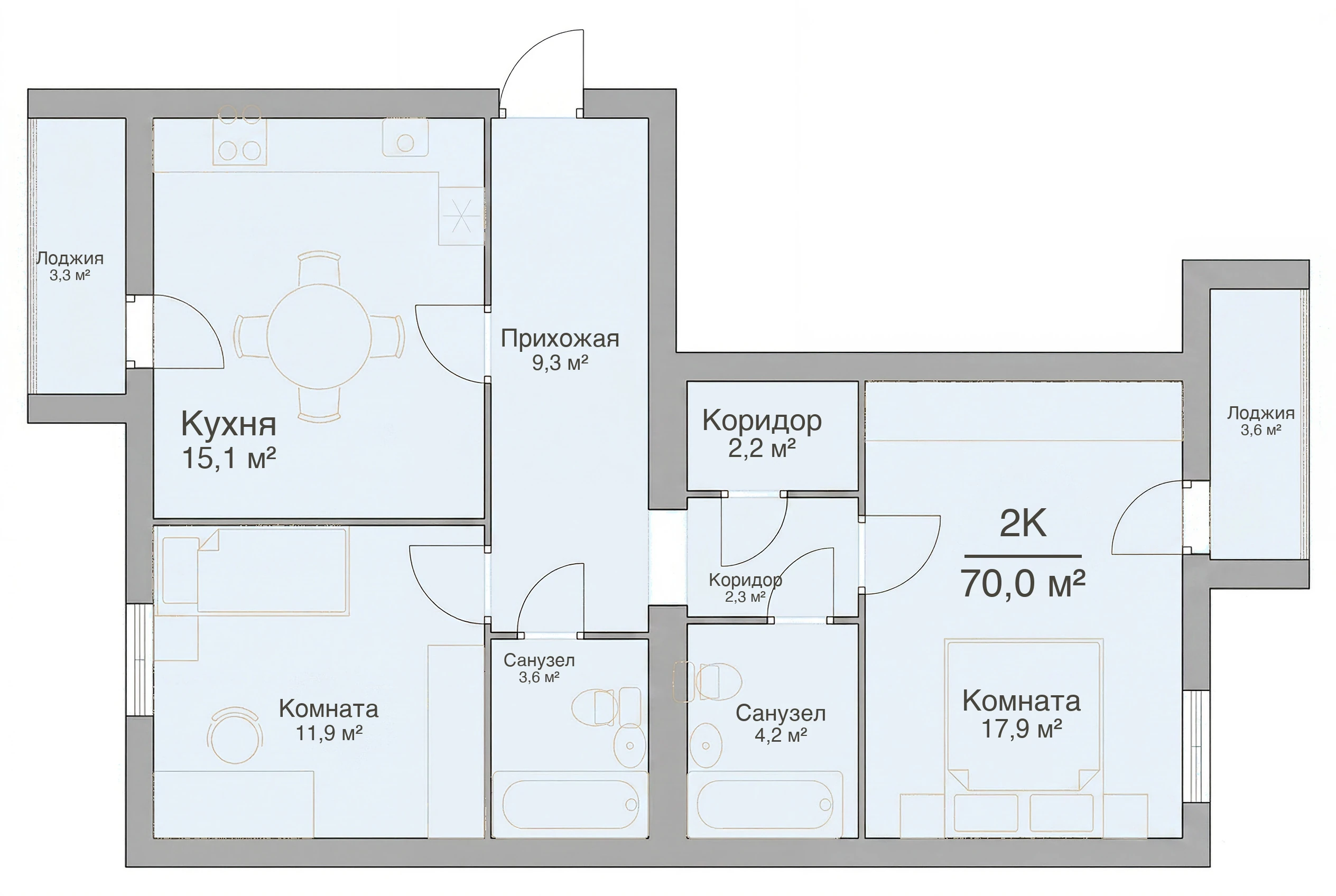 Планировка двухкомнатной квартиры 70,0 м², квартира №15 в ЖК «Невский на Свердлова» в Костроме