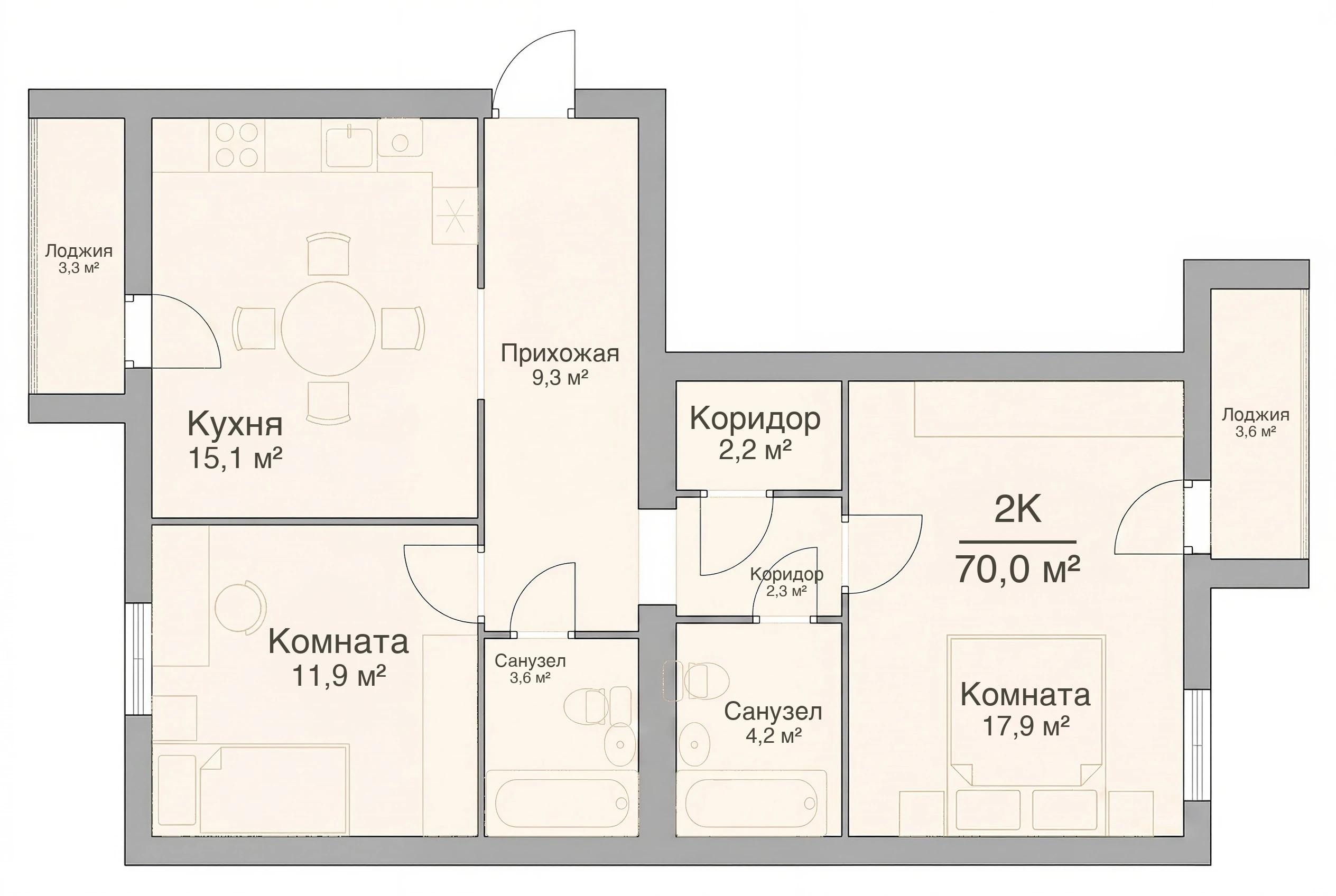 Планировка двухкомнатной квартиры 70,0 м², квартира №4 в ЖК «Невский на Свердлова» в Костроме