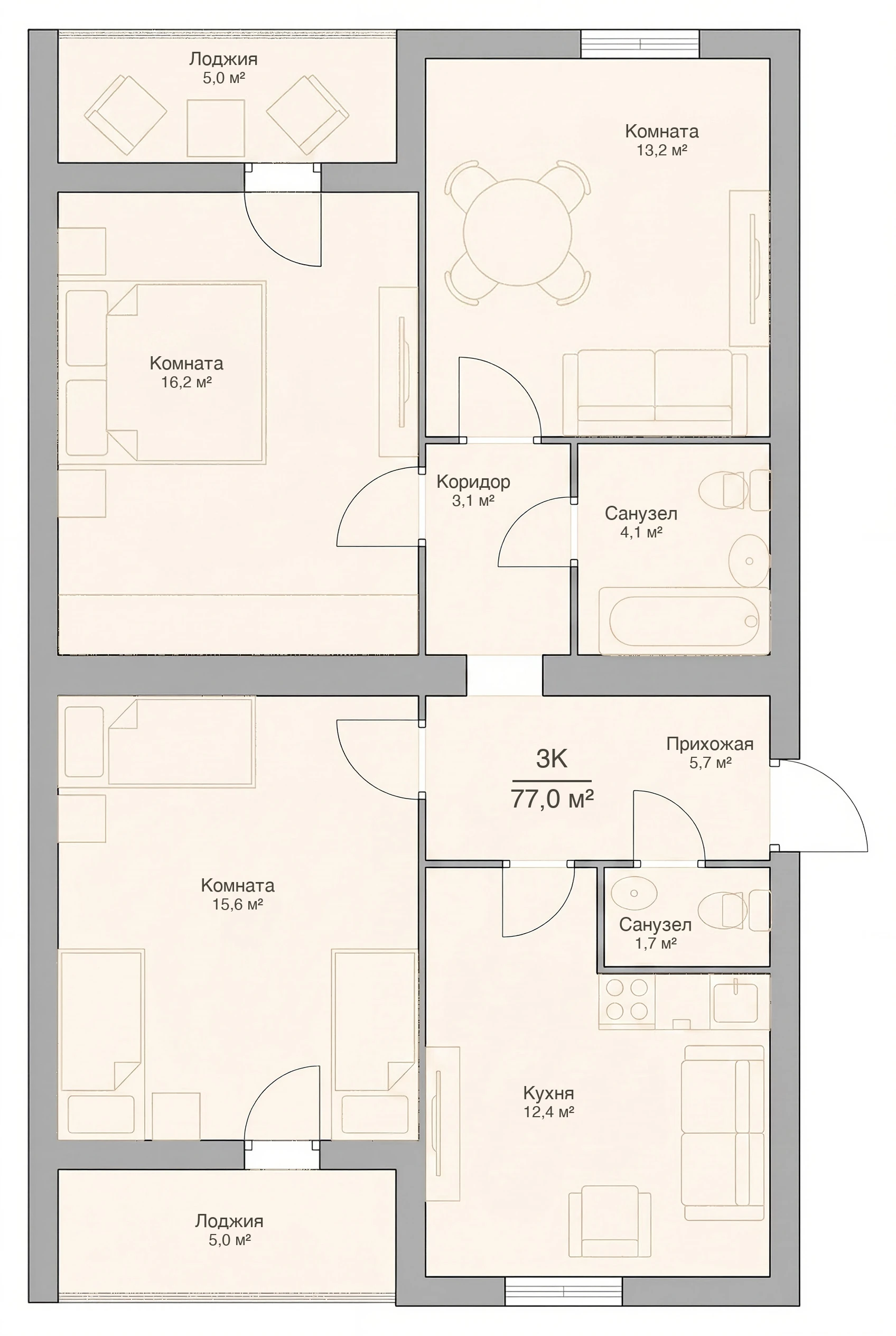 Планировка трёхкомнатной квартиры 77,0 м², квартира №5 в ЖК «Невский на Свердлова» в Костроме