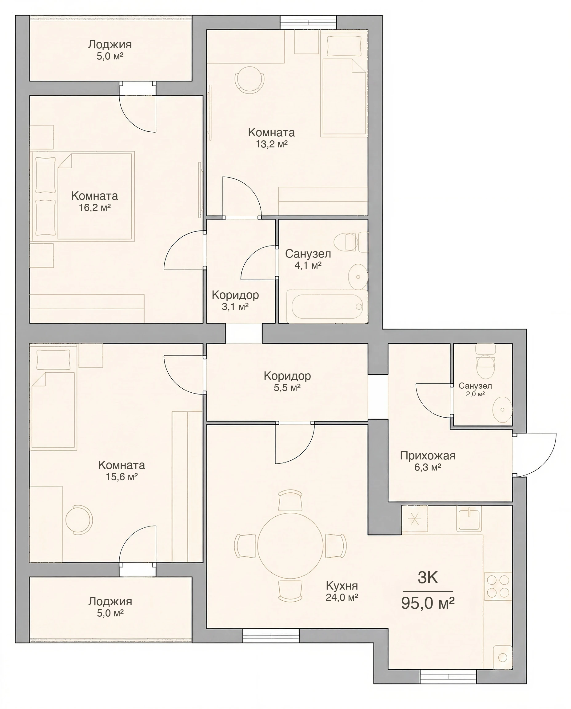 Планировка трёхкомнатной квартиры 95,0 м², квартира №6 в ЖК «Невский на Свердлова» в Костроме